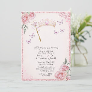 Princess Tiara & Trollspö Rosa Glitter Baby Shower Inbjudningar