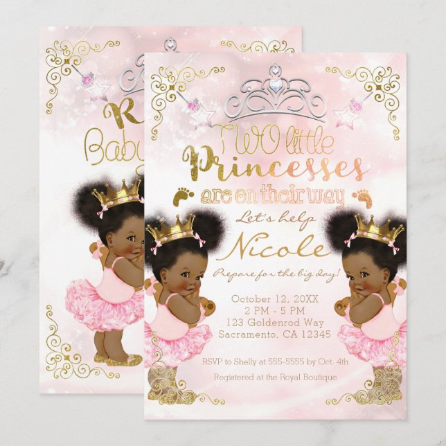 Princess Tutu Krona Ethnic Twin Girls Baby Shower Inbjudningar (Fram/baksida)