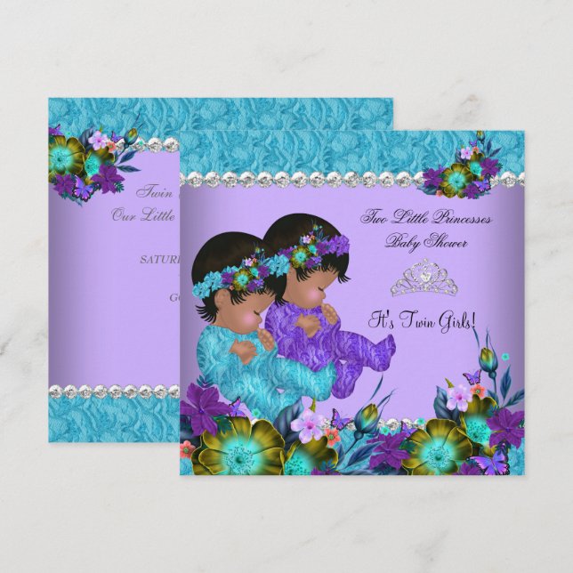 Princess Twin Baby Shower Teal Blue Lila Inbjudningar (Fram/baksida)