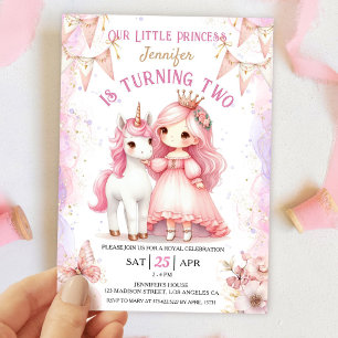 Princess Unicorn 2nd Birthday Girl Rosa Inbjudningar