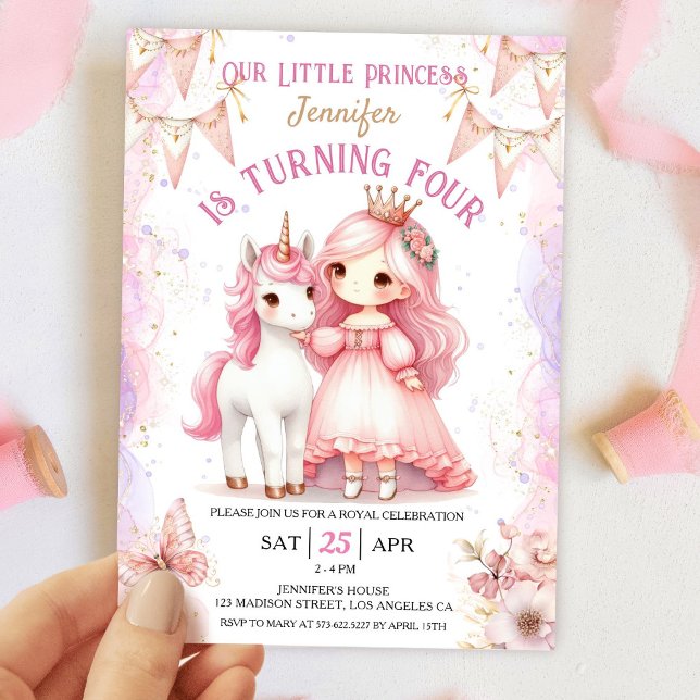 Princess Unicorn 4e födelsedagen Girl Rosa Inbjudningar (Skapare uppladdad)