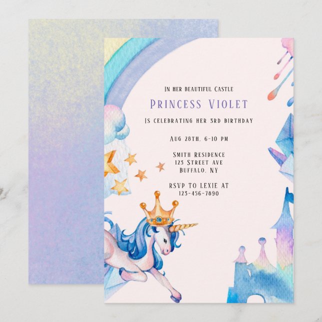 Princess Unicorn Castle, tionde Födelsedagsfesten Inbjudningar (Fram/baksida)