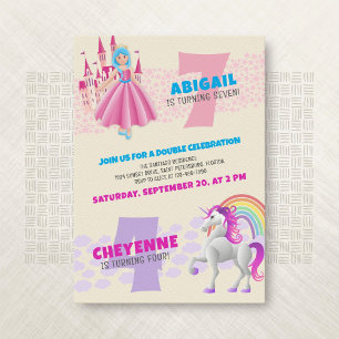 Princess Unicorn Joint Dubbla Birthday-inbjudan Inbjudningar