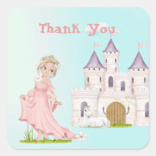 Princess Unicorn Rosa Blue Castle Tack Fyrkantigt Klistermärke