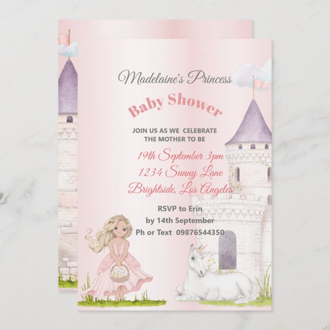 Princess Unicorn Rosa Flicka Shower Inbjudningar (Fram/baksida)