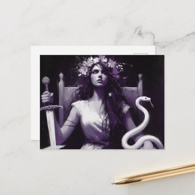 Princess Warrior och Hennes Pet Snake Lila Black Vykort (Fram/Back In Situ)