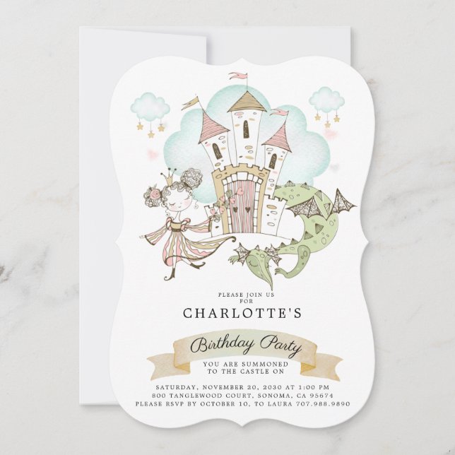 Princess Watercolor Castle Dragon Girl's Birthday Inbjudningar (Framsida)