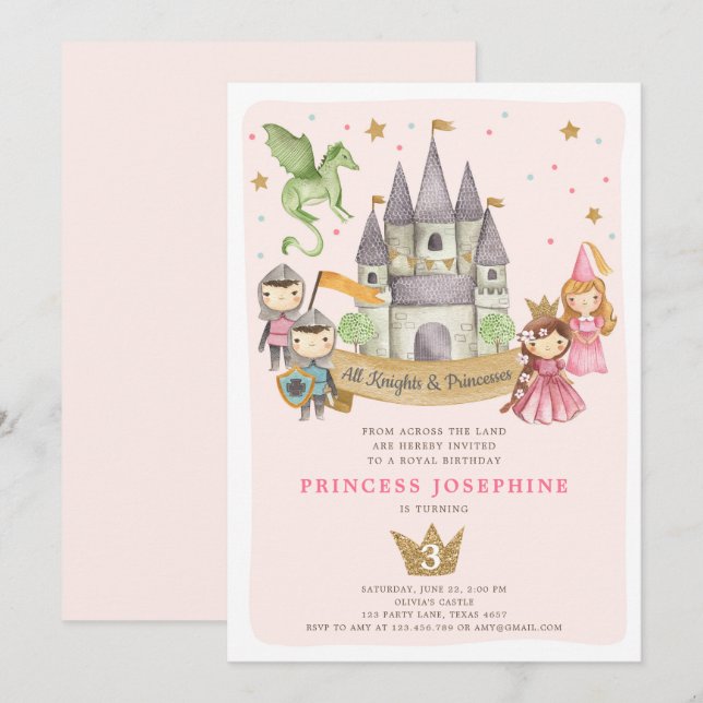 Princesses and Knight Girl Birthday bjudande Inbjudningar (Fram/baksida)