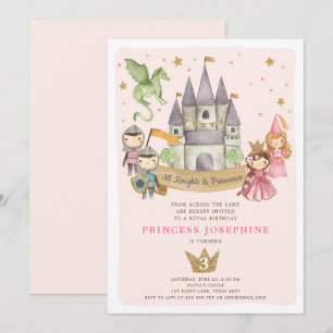 Princesses and Knight Girl Birthday bjudande Inbjudningar