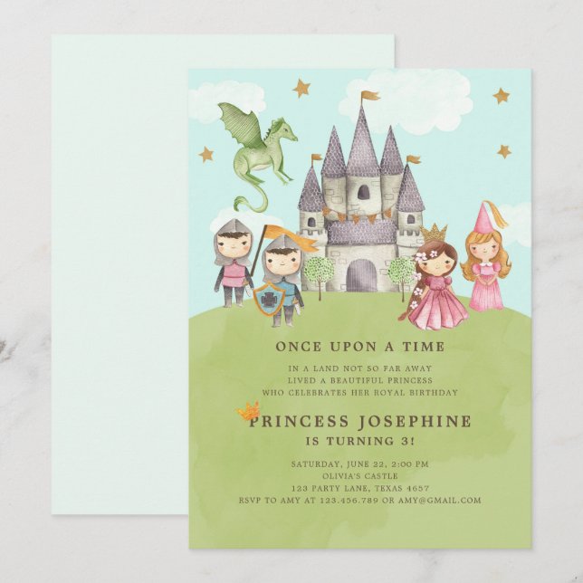 Princesses and Knight Girl Birthday Investigation Inbjudningar (Fram/baksida)