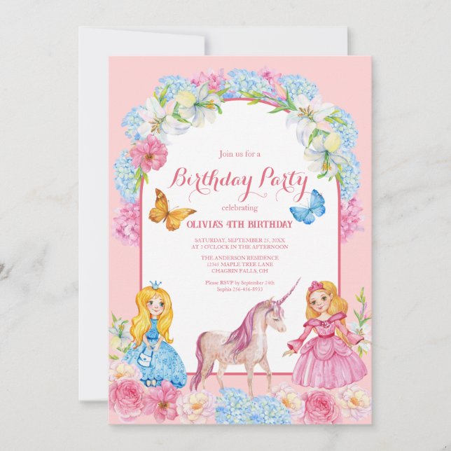Princesses och en inbjudan till Unicorn Birthday (Framsida)