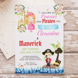 Princesses och Pirater Joint Syskon Birthday Inbjudningar