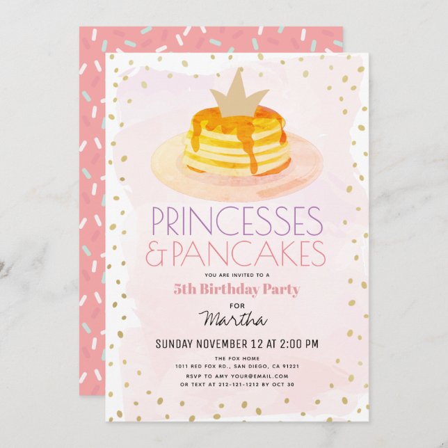 Princesses & Pancakes Rosa Guld Girl Birthday Inbjudningar (Fram/baksida)