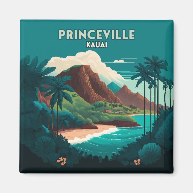 Princeville Kauai Hawaii Beach Mountains Retro Magnet (Framsidan)