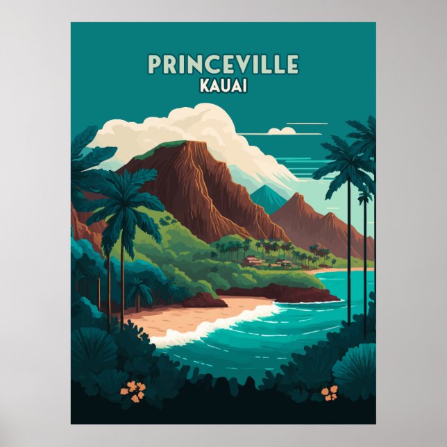 Princeville Kauai Hawaii Beach Mountains Retro Poster (Framsidan)