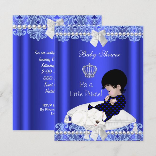 Prins Baby Baby Shower Pojke Blå Spets Valp Inbjudningar (Fram/baksida)