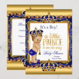 Prins Baby Shower Blå Ornamenterad Guld Blond Pojk Inbjudningar