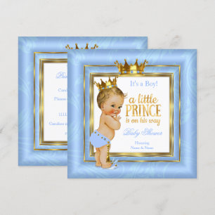 Prins Baby Shower Blå Vit Guld Krona Blond Inbjudningar
