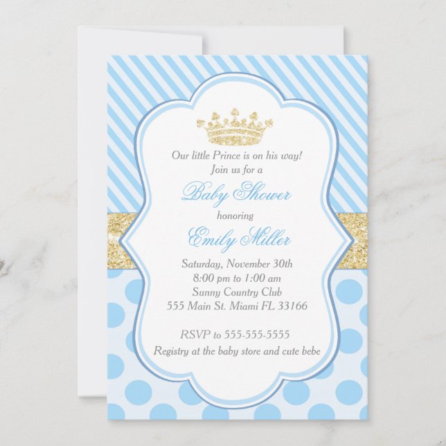 Prins Baby Shower-inbjudan Blue Guld Glitter Inbjudningar (Framsida)