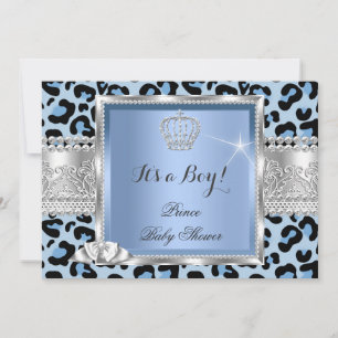 Prins Baby Shower Pojke Blå Grå Leopard Inbjudningar