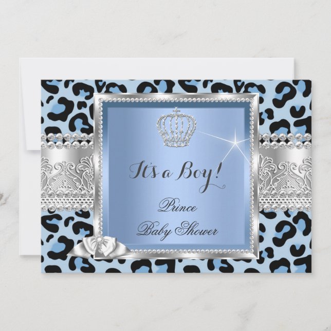 Prins Baby Shower Pojke Blå Grå Leopard Inbjudningar (Framsida)