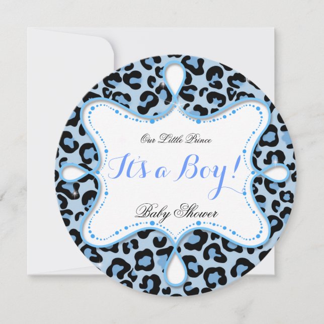 Prins Baby Shower Pojke Blå Leopard Inbjudningar (Framsida)