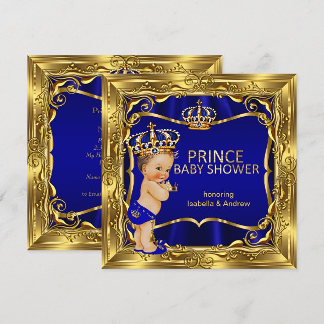 Prins Baby Shower Pojke Blå Ornamenterad Guld Inbjudningar (Fram/baksida)