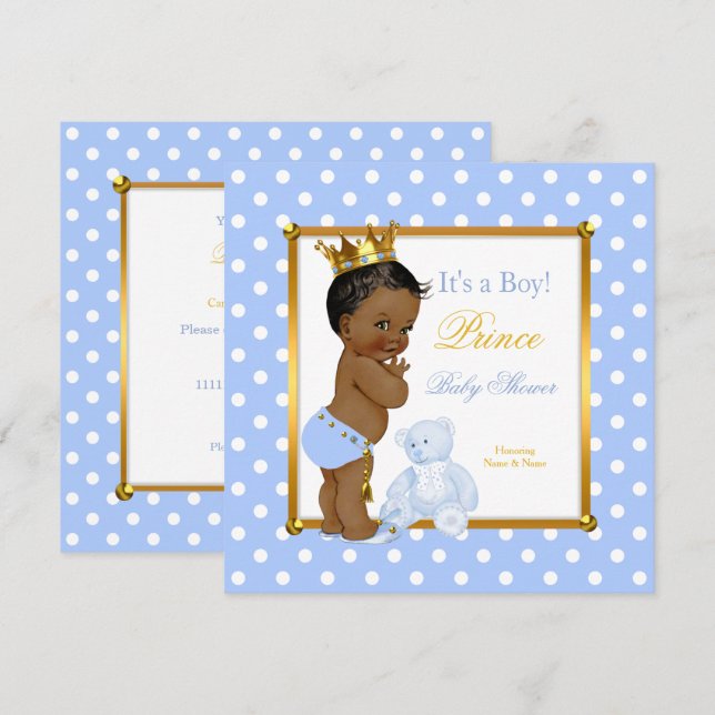 Prins Baby Shower Pojke Blå Prickig Etnisk Inbjudningar (Fram/baksida)