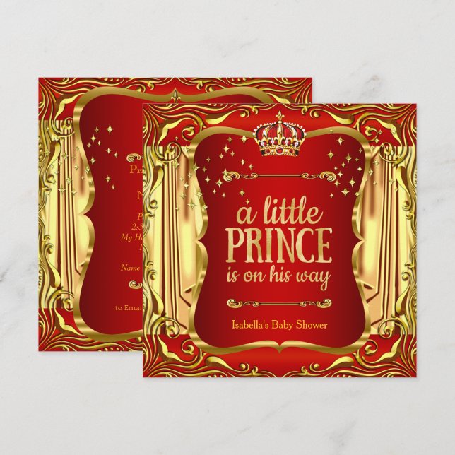 Prins Baby Shower Röd Guld Pojke Inbjudan (Fram/baksida)