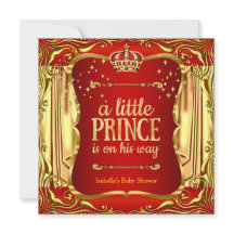 Prins Baby Shower Röd Guld Pojke Inbjudan