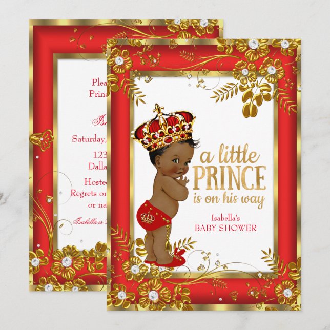 Prins Baby Shower Röd Guld Vit Etnisk Inbjudningar (Fram/baksida)