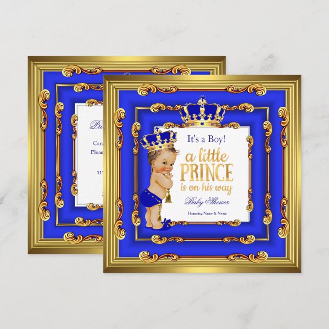 Prins Baby Shower Royal Blå Guld Ram Brunett Inbjudningar (Fram/baksida)