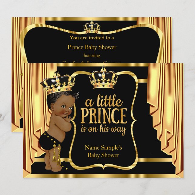 Prins Baby Shower Svart Guld Draperier Etnisk Inbjudningar (Fram/baksida)