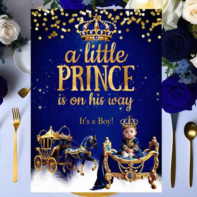 Prins Babyshower Blå Guld Kärra Glitter Inbjudningar (Skapare uppladdad)