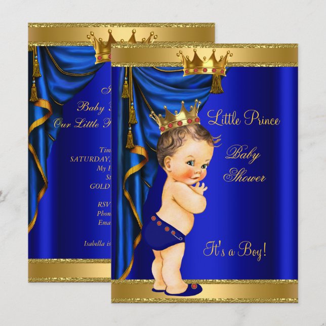 Prins Babyshower Blå Guld Röd Brunett Inbjudningar (Fram/baksida)