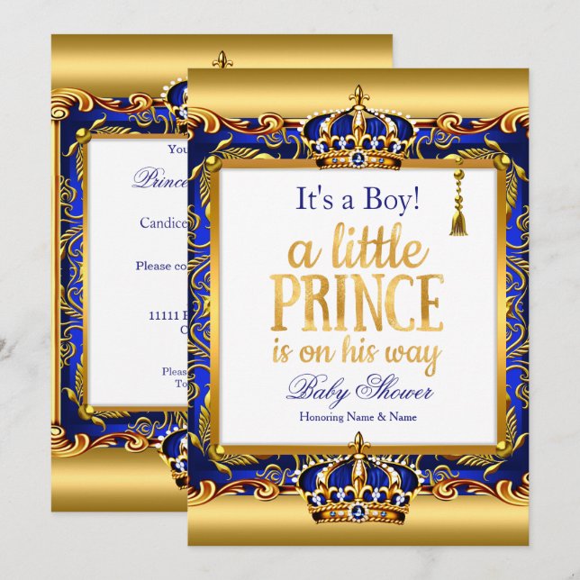Prins Babyshower Blå Ornamenterad Guld Pojke Inbjudningar (Fram/baksida)