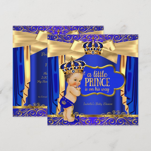 Prins Babyshower Royal Blå Guld Draperier Brunett Inbjudningar (Fram/baksida)