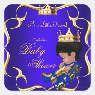 Prins Babyshower Royal Blå Guld Pojke Krona 3 Fyrkantigt Klistermärke