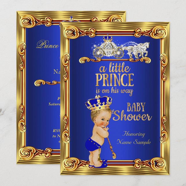 Prins Babyshower Royalblå Guld Kärra Blond Inbjudningar (Fram/baksida)