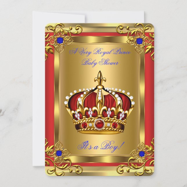 Prins Babyshower Royalblå Pojke Ståtlig Röd Guld Inbjudningar (Framsida)
