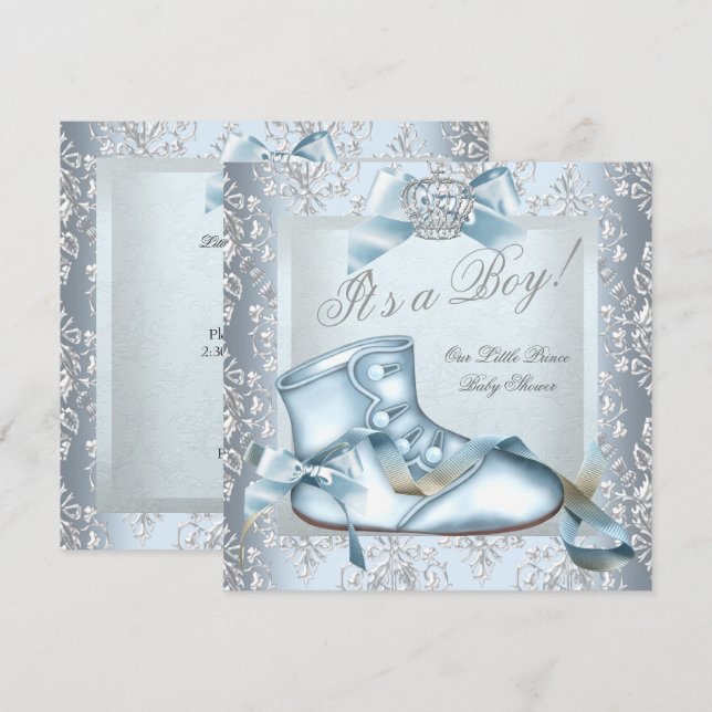 Prins Bebis Baby Shower Baby Pojke Blå Damastsko 4 Inbjudningar (Fram/baksida)