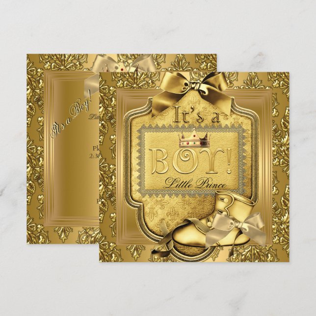 Prins Bebis Baby Shower Baby Pojke Elite Damask Gu Inbjudningar (Fram/baksida)
