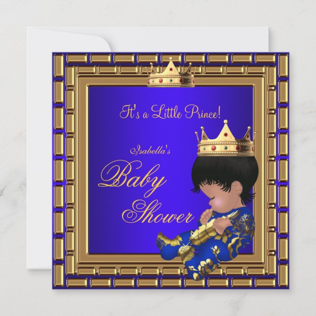 Prins Bebis Dopp Royal Blå Guld Pojke Krona 4 Inbjudningar (Framsida)