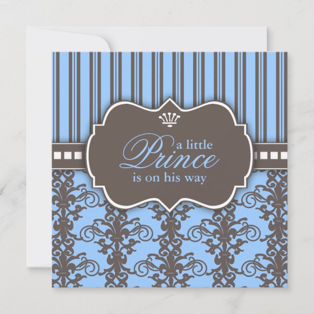 Prins Damask & Rand Black & Blue Baby Shower Inbjudningar (Framsida)