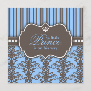 Prins Damask & Rand Black & Blue Baby Shower Inbjudningar