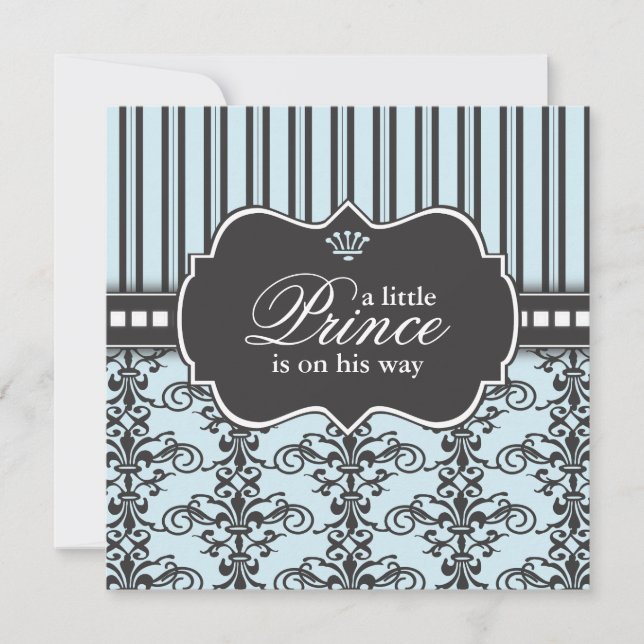 Prins Damask & Rand Black & Blue Baby Shower Inbjudningar (Framsida)