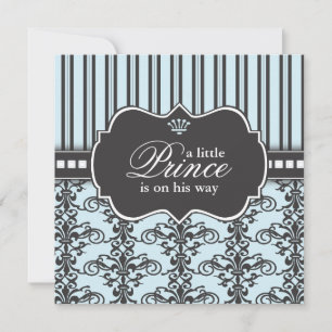 Prins Damask & Rand Black & Blue Baby Shower Inbjudningar
