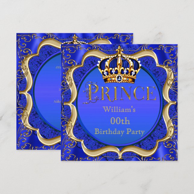 Prins Födelsedag Royal Blå Guld Krona Herr Inbjudningar (Fram/baksida)