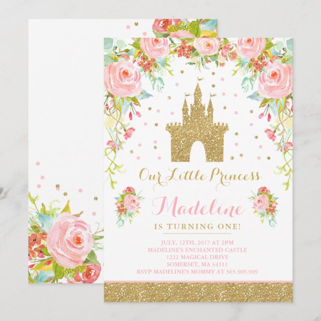 Prins födelsedagsinbjudan Guld Princess Catle Inbjudningar (Fram/baksida)