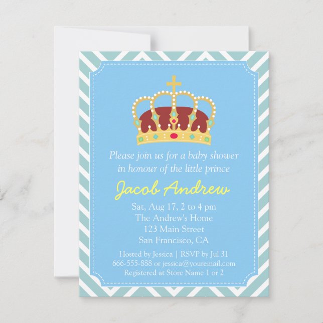 Prins Krona Baby Shower Blue White Chevron Inbjudningar (Framsida)